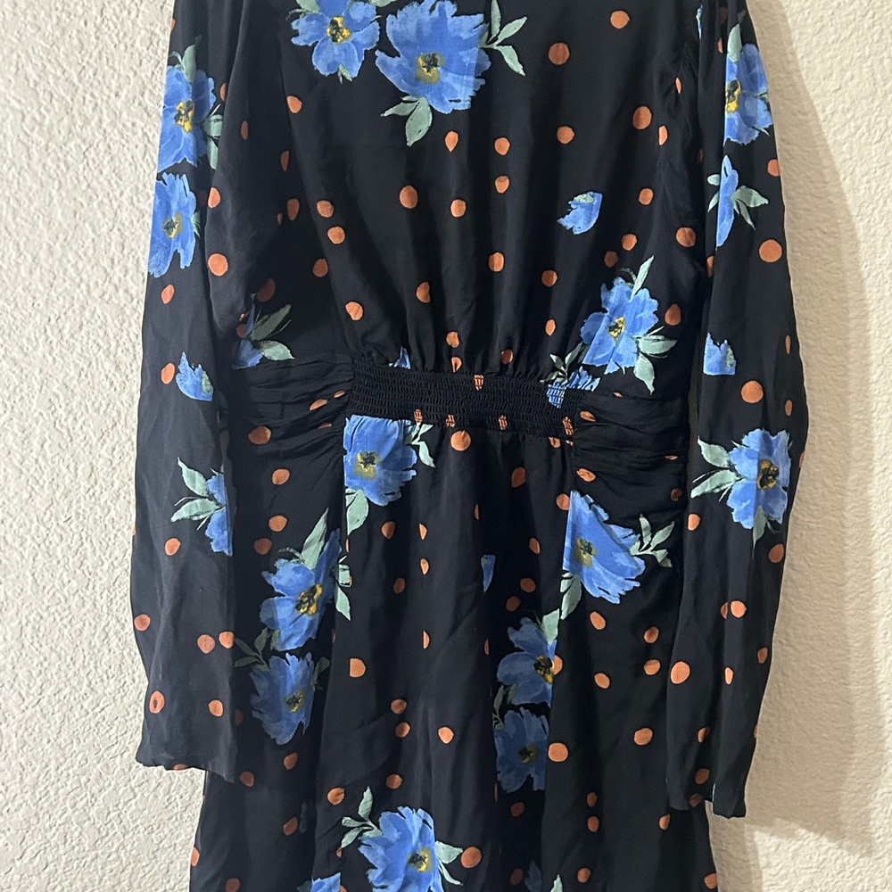 Free People Black Long Sleeve Blue Floral County Cottage Core Dress Large Button - Picture 5 of 8